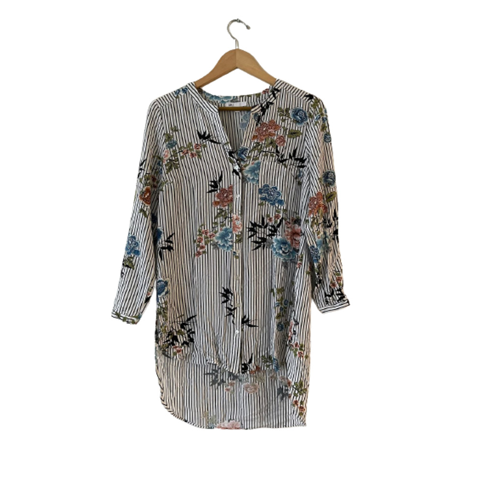 DR2 by Daniel Rainn Size S Striped Floral Hi-Low Tunic Top Blouse Button Up